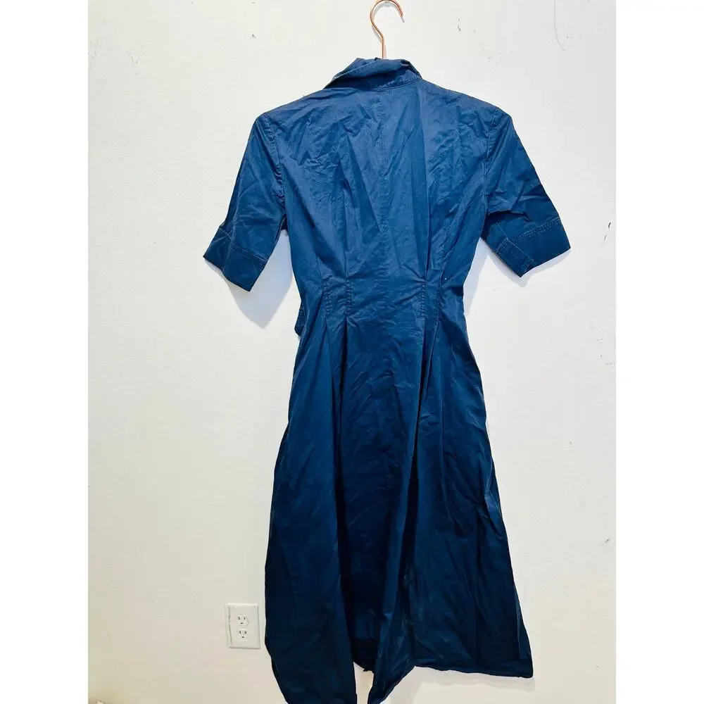 TORY BURCH Dark Blue 100% Cotton A-Line Short Sleeve Wrap Shirtdress Size 0